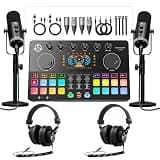 Podcast Equipment Bundle for 2, Audio Interface with 2 Dynamic XLR/USB Microphones, 2 Desktop Mic Stands and 2 Headphones, RGB, Voice Change for Vocal Recording,Podcasting,Streaming, PC Phone,TikTok