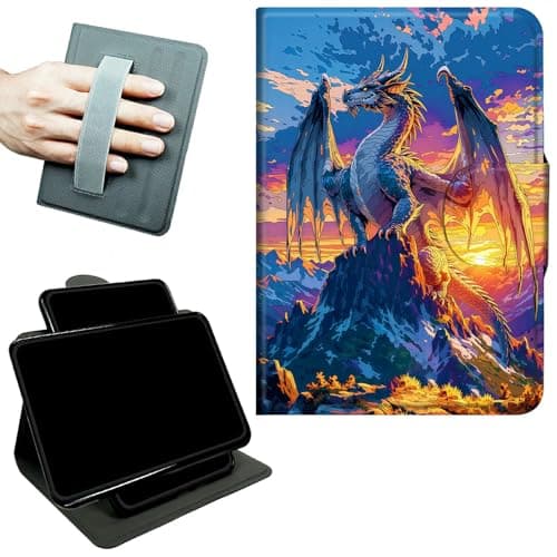 RWUTYTIUL Rotating Handle Case for Samsung Galaxy Tab A8 10.5" 2022 (SM-X200/X205/X207), 360 Degree Swivel Kickstand with Magnetic Closure Shockproof Leather Cover for Men, Mountain Sunset Dragon