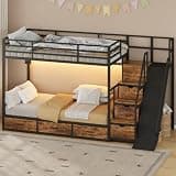 Twin Over Twin Bunk Bed with Slide & Storage Staircase, Metal Bed Frame with LED Lights and Charging Station, Space-Saving Bunk Bed with 5 Drawers and Guardrails for Bedroom, Brown