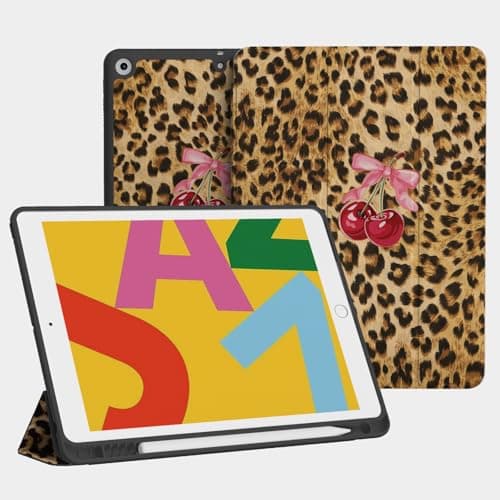 Ouinice Case for iPad 10.2-inch 9th/8th/7th Generation (2021/2020/2019), Full Protective Cover with Pencil Holder, Trifold Stable Stand, Brown Cheetah Cherry