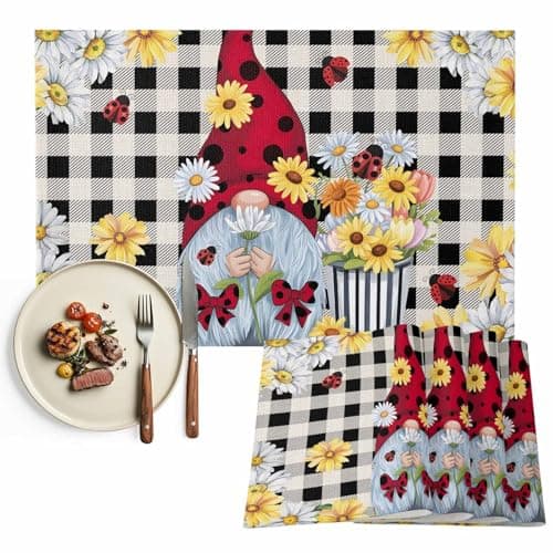 Pastoral Gnome Daisy Ladybug Placemats Set of 6, Farmhouse Plaid Non-Skid Place Mats, Holiday Table Mats, Washable Stain-Resistance Tablemats for Party/Dining Room/Kitchen Decorations