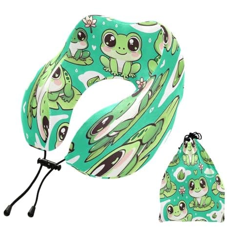 Nesatuwa Cute Frogs Travel Pillow Portable Soft Memory Foam Neck Support Airplane Pillow with Adjustable Clasp