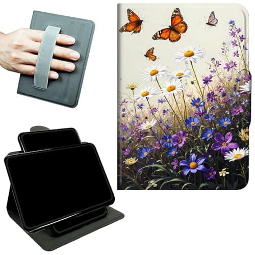 RWUTYTIUL Rotating Handle Case for Samsung Galaxy Tab A 10.1" 2019 SM-T510/T515/T517, 360 Degree Swivel Kickstand with Magnetic Closure Leather Protective Cover for Men, Purple Flower Butterfly