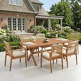 Christopher Knight Home Doca 7 Piece Acacia Wood Outdoor Dining Table Set for 6, Extendable Dining Table and 6 Patio Chairs with Cushion & Rope Accent, Wooden Outdoor Patio Furniture Set, Teak+Beige
