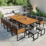 QVUUOU 18-Piece Acacia Wood Patio Dining Set with 8 Cushioned Chairs, 8 Ottomans, and 2 Tables, Gray - Spacious Outdoor Seating for Backyard, Garden, Deck and Poolside