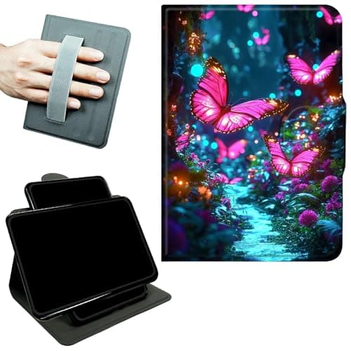 RWUTYTIUL Rotating Handle Case for Samsung Galaxy Tab S10 Plus 2024/S9 FE+/S9 Plus 12.4 Inch 2023, 360 Degree Swivel Kickstand with Magnetic Closure Leather Protective Cover, Pink Butterfly Forest