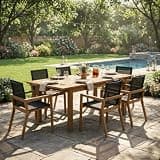 Hassyee 7 Pieces Acacia Wood Outdoor Dining Set with 6 Dining Chairs and 1 Dining Table for Poolside, Lawn, Patio Furniture Set with Mesh Seats and Backrests for Backyard, Balcony (Black)