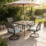 Pamapic 5-Piece Outdoor Rattan Dining Set, 4 Swivel Patio Chairs with Detachable Cushions, Weather Resistant Iron Slat Table, Outdoor Furniture for Garden Deck Backyard, Green