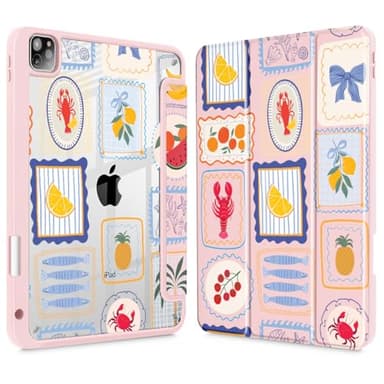 ICEKEE Case for iPad Pro 12.9 inch 6th/5th/4th/3rd Generation (2022/2021/2020/2018), with [Built-in Pencil Holder] Shockproof Cover with Clear Transparent Back Shell & Auto Wake/Sleep - Summer Stamps