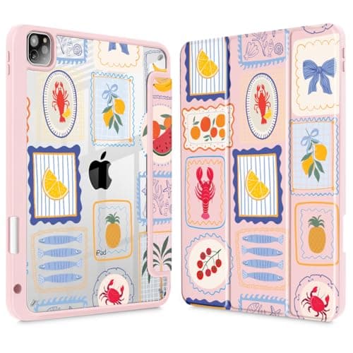 ICEKEE Case for iPad Pro 12.9 inch 6th/5th/4th/3rd Generation (2022/2021/2020/2018), with [Built-in Pencil Holder] Shockproof Cover with Clear Transparent Back Shell & Auto Wake/Sleep - Summer Stamps