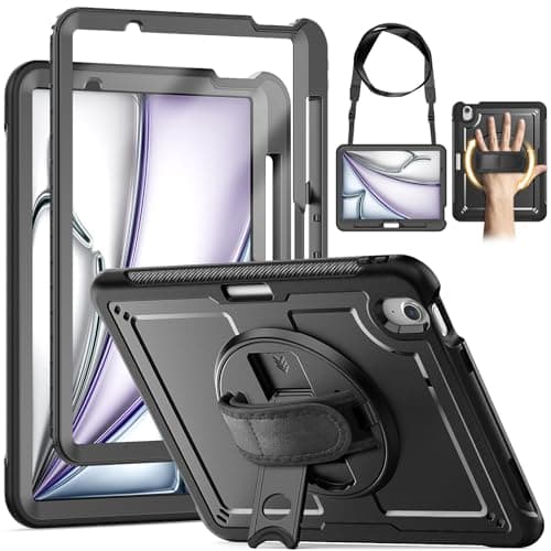 KAIJIAbox Case for iPad Air 11 Inch 2026/2025/2024(M4 / M3 / M2), Full-Body Shockproof Case with Screen Protector, 360° Rotating Hand Strap & Stand, Shoulder Strap for iPad Air 11", Black