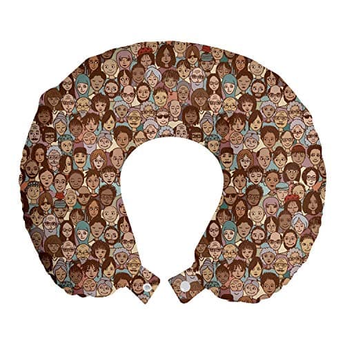 Ambesonne Hipster Travel Pillow Neck Rest, People Faces from Different Ethnicity Racial Diversity Progressive World Pattern, Memory Foam Traveling Accessory for Airplane and Car, 12", Multicolor