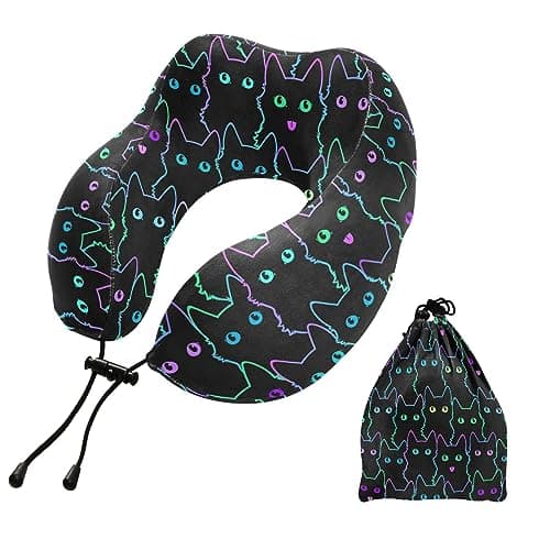 Sletend Travel Neck Pillow Cat Cartoon Memory Foam Head Support Soft Pillows with Storage Bag U-Shape Pillow for Cars Long Flights Sleeping Girls Boys Adults Gift