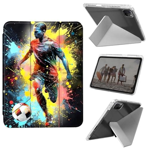 for iPad Air 13 Inch Case (M3 2025/M2 2024), iPad Pro 12.9 Case (6th/5th Gen 2022/2021/2020),Slim Shockproof Clear with Pencil Holder Folding Y Shape Stand Cover,Colorful Soccer