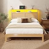 OURPIC Full Bed Frame with Rattan Headboard, Wicker Bedframe with Charging Station and LED Lights, Boho Full Bed with Storage Shelf, Solid Wood Support, Easy Assembly