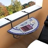 KLGBNCVE Semi-Circular Hanging Balcony Table with Iron Frame, Blue and White Mosaic Ceramic Top, Folding Patio Coffee Table for Deck Rail up to 7.1 Inches Wide