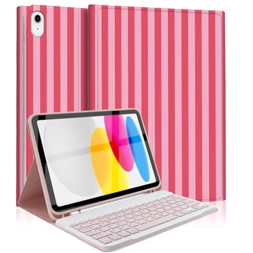 Mewealth Keyboard Case for iPad 11th 10th Generation with Pencil Holder, Wireless Keyboard Cover for 11th A16 11-inch 2025, 10th Gen 10.9 Inch 2022, Striped HotPink-Pink