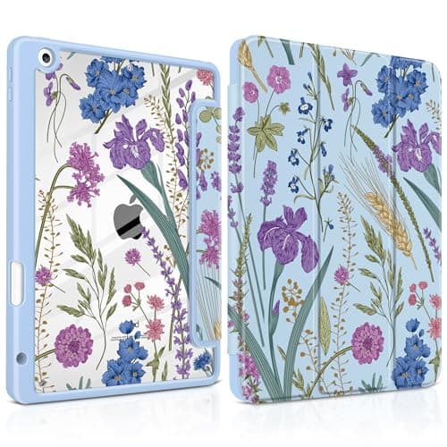 DONGKE for iPad 9th/8th/7th Generation Case 10.2 Inch (2021/2020/2019), [Auto Sleep/Wake & Pencil Holder] Clear Acrylic Back Trifold Stand Cover, Blue Botanical Wildflower