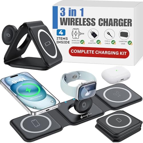 Foldable 3 in 1 Wireless Charger (Kit) with (20W PD Adapter)&(Carrying Case) Wireless 3-in-1 Folding Travel Charger for Apple Devices, Magnetic Charger for iPhone 15 14 13 12 Pro/Max iWatch & AirPods