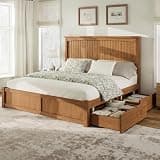 AMERLIFE Solid Wood Queen Size Storage Bed Frame with Headboard, Platform Bedframe with 2 Storage Drawers, Beadboard Design & Wooden Slats/No Box Spring Needed/Noise-Free, Warm Brown Finish