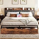 LIKIMIO King Size Bed Frame, Storage Headboard with Charging Station, Platform Bed with Drawers, No Box Spring Needed, Easy Assembly, Industrial Brown and Gray