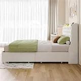 Obdbaiti Queen Size Bed Frame with 4 Storage Drawers, Velvet Upholstered Headboard with Storage, Wingback Button Tufted Platform Bed with LED Lights & Charging Station