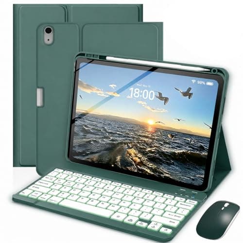 TnbonGip Keyboard Case for iPad A16 11th Generation 2025 / 10th Gen 2022, Mouse and 7 Colors Backlit Detachable Keyboard, Adjustable Stand Built in Pencil Holder, Auto-Sleep/Wake Feature, Dark Green