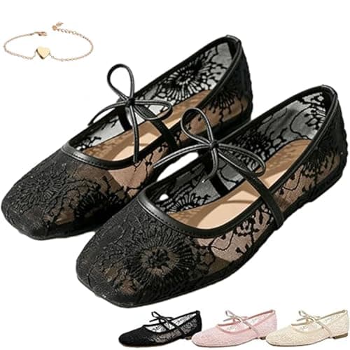 Embroidered Lace Mesh Ballet Flats Women, Lace Ballerina Flats for Women, Elegant Square Toe Embroidery Flat Mary Jane Shoes with Bow Strap (Black,7.5)