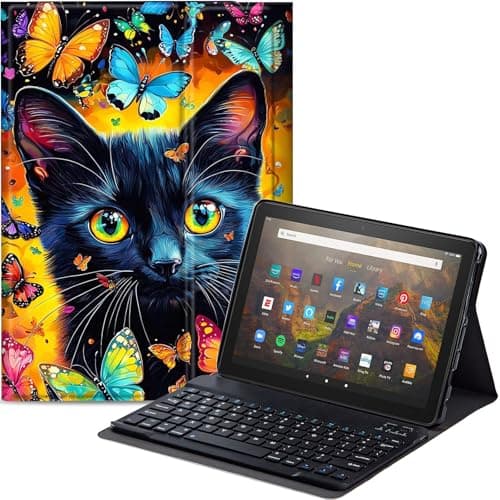Qindaiwen Keyboard Case for All-New Amazon Fire HD 8/8 Plus (12th Generation/10th Generation, 2024/2022/2020 Release), PU Leather Stand Cover with Detachable Bluetooth Keyboard, Cat Butterflies
