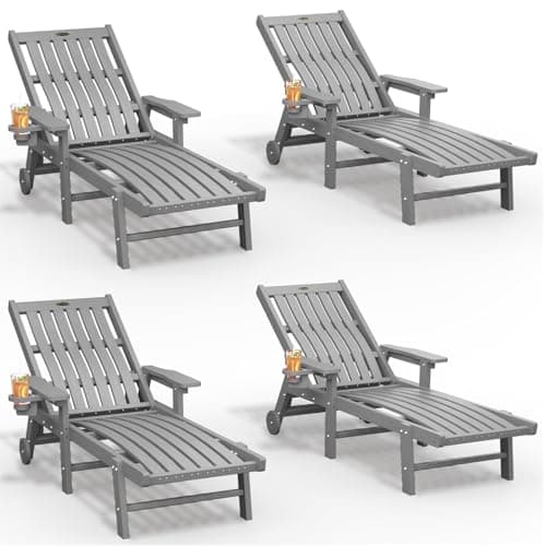 THOEOE Patio Chaise Lounge Chair Set of 4, Lounge Chair Outdoor with 5 Positions, HDPE, Patio Lounge Chair with Wheels & Cup Holder for Pool, Deck, Poolside,Grey