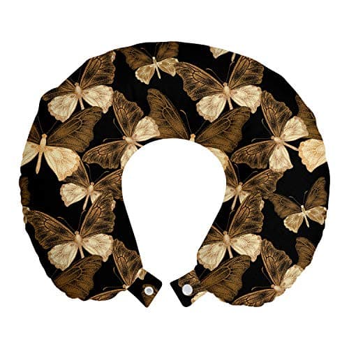 Ambesonne Butterfly Travel Pillow Neck Rest, Pattern of Exotic Tropical Butterflies Vintage Victorian Style Composition, Memory Foam Traveling Accessory for Airplane and Car, 12", Brown Beige Black