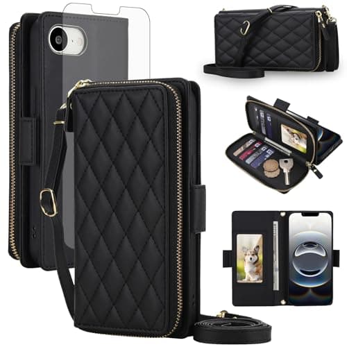 Compatible with iPhone 16e/SE 2025/SE 4 Wallet Case Zipper RFID Blocking Screen Protector Crossbody Lanyard Strap Flip i Phone16e i16e 16 e SE4 4th Generation 16eCase Phone Cover for Women Black