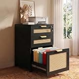 HOPUBUY 3 Drawer File Cabinet with Lock, Small Rattan Filing Cabinets with Wheels, Wood Rolling Office Storage for Under Desk Home Office,Black