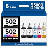 Remanufactured Replacement for 502 ET-2850 Ink Refill Bottles for Epson EcoTank Printer Ink ET-3850 ET-3760 ET-2750 ET-4850 ET-2760 Eco-Tank ET 2850 (5 Pack High Capacity,2 Black Cyan Magenta Yellow)