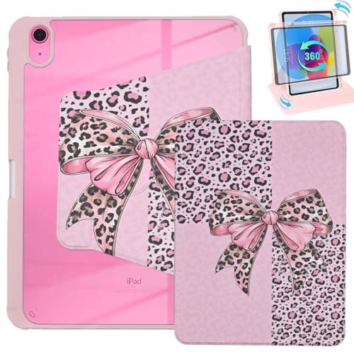 Case for iPad (A16) 11th/10th Generation 10.9'' inch 2025/2022, PU Leather 360 Degree Rotating Stand Protective Cover, Pencil Holder, Auto Sleep/Wake, Leopard Pink Bow