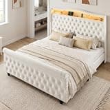 LEAQU King Size Bed Frame with Lighted Storage Headboard and Charging Station, Velvet Upholstered Platform Bed Frame with Button Tufted Wingback Headboard, No Box Spring Needed, Noise-Free