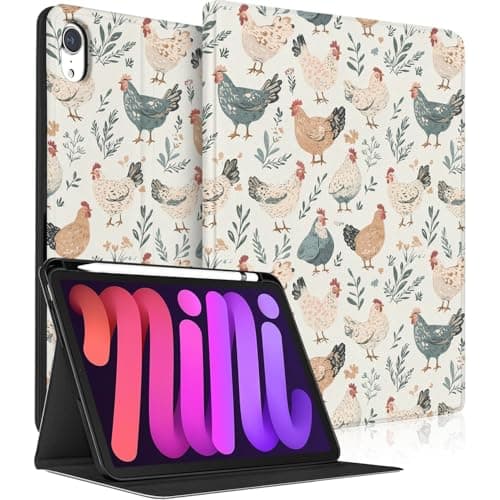 for iPad mini 7 (A17 Pro, 7th Generation) 2024 / iPad mini 6 (6th Gen) 8.3 Inch - Multi-Angle Viewing Adjustable Stand Cover with Pencil Holder, Auto Sleep/Wake (Farm Chicken Hens)