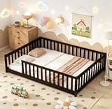Bellemave Full Size Montessori Floor Bed with Rails, Pine,Rubber Wood Floor Bed with slats, Espresso