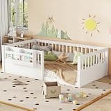 callmego Low Profile Wooden Floor Bed with Enclosed Safety Rails and Integrated Bookshelf Storage for Small Spaces