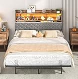 Squireewo Full Size Metal Bed Frame with Upholstered and 2-Tier Storage Headboard - LED Light and Charging Station, No Box Spring Needed, Heavy Duty Steel Slats for Bedroom, Dorm, Vintage Brown