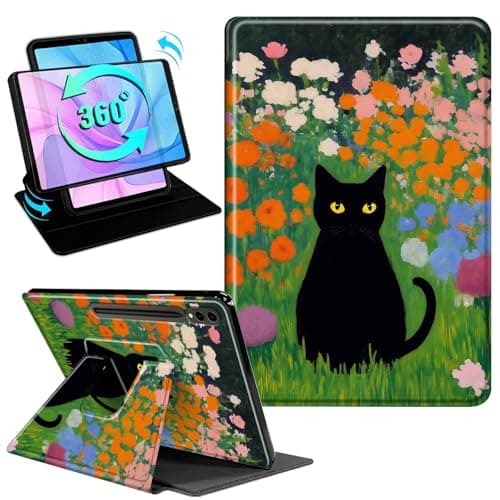 Gmeyutqy Case for Samsung Galaxy Tab S10 Plus 2024/S9 Plus/S9 FE Plus 5G 12.4" 2023, 360 Degree Rotating Swivel Stand Flip Leather Cover with Auto Sleep/Wake, Black Cat in Flower