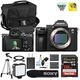 Sony a7 Full-Frame Mirrorless Interchangeable-Lens Camera (Body Only) with 3-Inch LCD,Base Configuration + LED Light + Tripod + Spare Extra Replacement Battery + 128GB Card + Camera Case