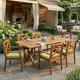 Christopher Knight Home Perla 7 Piece Acacia Wood Outdoor Dining Table Set for 6, Extendable Dining Table and 6 Patio Chairs with Cushion, Wooden Outdoor Patio Furniture Set, Teak + Green