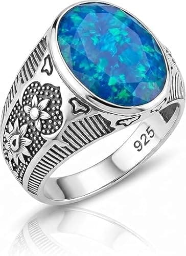 ZYNORACREATION Natural Opal Ring Mens 925 Sterling Silver Handmade Gemstone Jewelry Blue Opal Mens Ring Vintage Mens Jewelry Gift for Him Statement Mens Ring (15, Blue Opal)