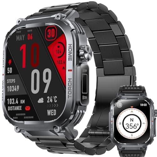 Military Smart Watches for Men LED Flashlight (Answer/Make Call) 2.02" HD Screen Rugged Smartwatch with 100+ Sport Modes Heart Rate Sleep Monitor 3ATM Waterproof Smartwatch for Android iOS(2 Straps)