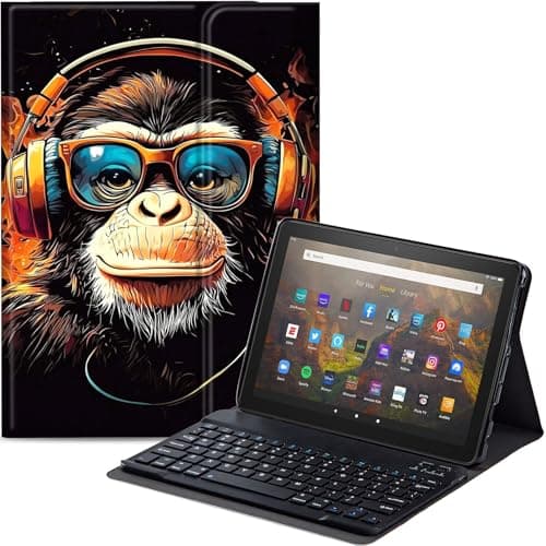 Qindaiwen Keyboard Case for All-New Amazon Fire HD 8/8 Plus (12th Generation/10th Generation, 2024/2022/2020 Release), PU Leather Stand Cover with Detachable Bluetooth Keyboard, Cartoon Monk
