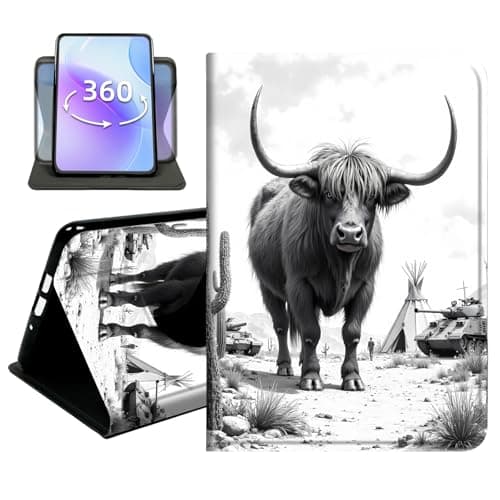 JANENFNA Slim Folio Case Compatible with iPad mini 5/4 7.9", 5th/4th Generation, PU Leather 360 Rotating Stand Cover, Auto Sleep/Wake, TPU Bumper, Highland Cattle