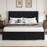 GarveeHome Full Size Bed Frame with 2 Storage Drawers, Vintage Velvet Headboard Bedframe with upholstered Platform, Wooden Slat Support, Noise Free, No Box Spring Needed, Beige