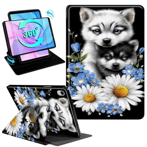 Gmeyutqy Case for iPad Air 11 Inch M3 2025/M2 2024 & iPad Air 5th/4th Gen 10.9 Inch 2022/2020, 360 Degree Rotating Swivel Stand Flip Leather Cover with Auto Sleep/Wake, Husky Puppy Daisy