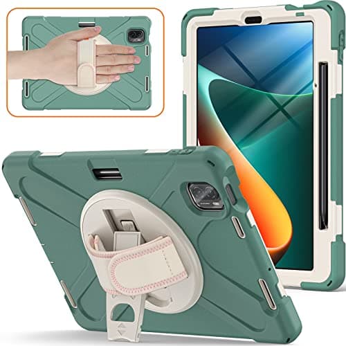 FXYJBNJKLV Heavy Duty Shockproof TPU Case for Xiaomi Mi Pad 5/MiPad 5 Pro 11 inch 2021,Protective Cover Drop-Proof Shock-Proof W Rotating Kickstand+Handle+Shoulder Strap(Emerald Green)